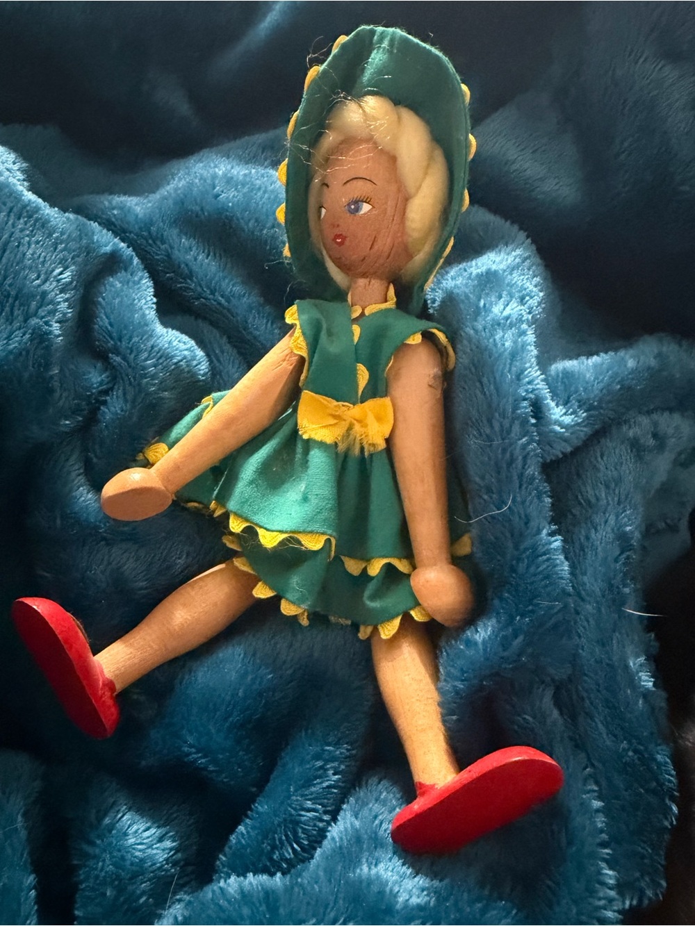 Vintage Wooden Doll with Red Shoes - Classic Cloth Outfit